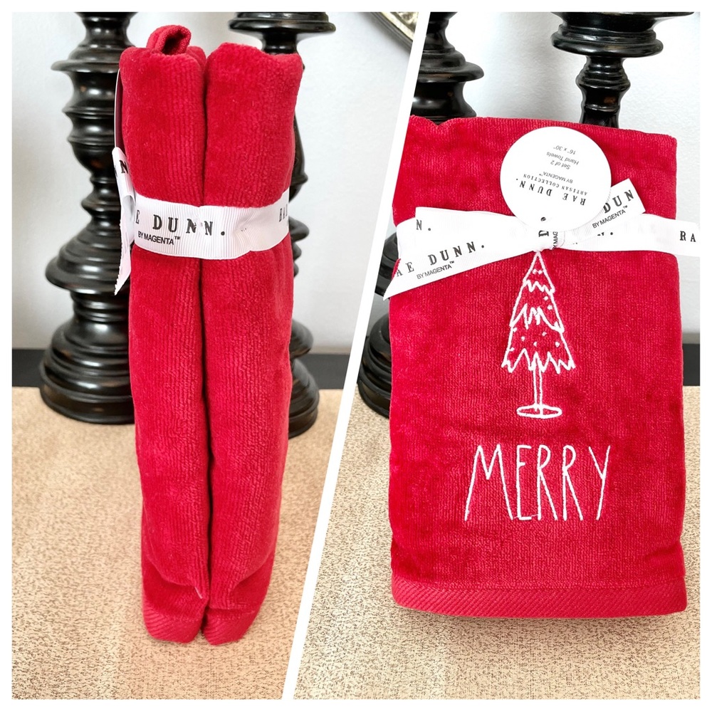 🆕Rae Dunn Set of 2 MERRY Christmas Tree Bathroom Hand Towels